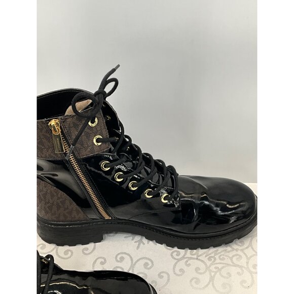 Michael Kors Alistar Monogram Black Patent Combat Boots Women's 9.5M PU Upper Go - Picture 3 of 10